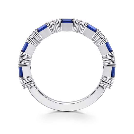 14K White Gold Prong Set Baguette Sapphire and Round Diamond Anniversary Band angle 2