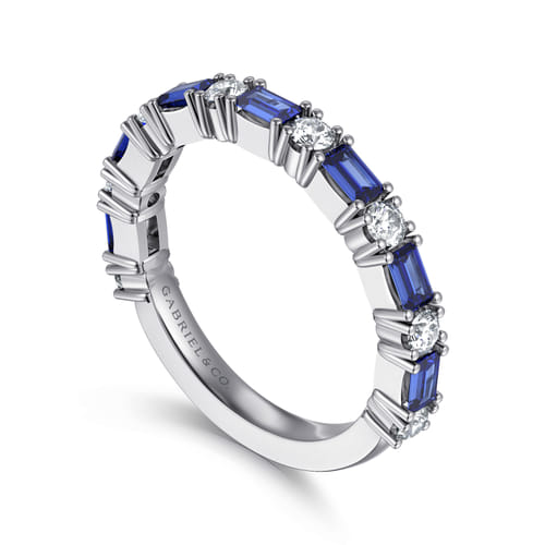 14K White Gold Prong Set Baguette Sapphire and Round Diamond Anniversary Band