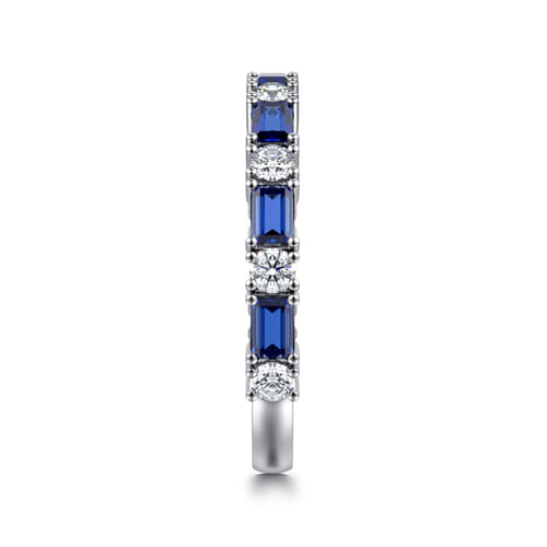 14K White Gold Prong Set Baguette Sapphire and Round Diamond Anniversary Band