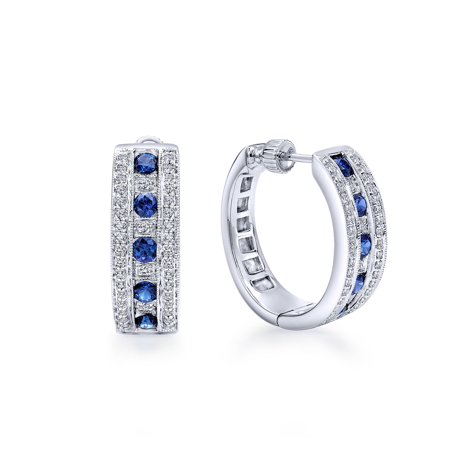 14K White Gold Prong Set/Channel 20mm Round Classic Diamond & Sapphire Hoop Earrings