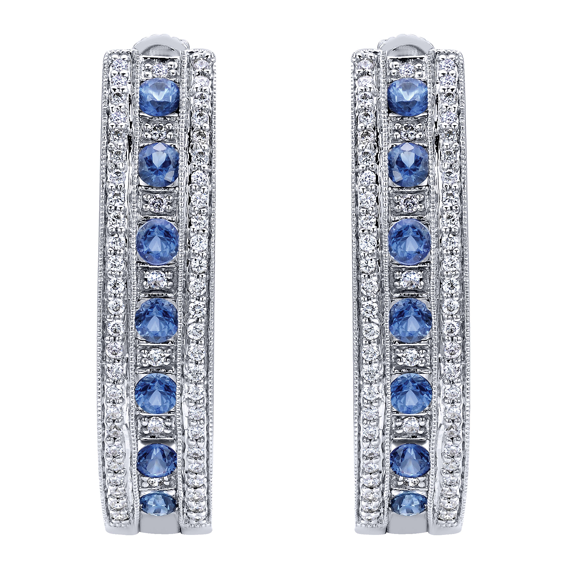 14K White Gold Prong Set/Channel 30mm Round Classic Diamond & Sapphire Hoop Earrings