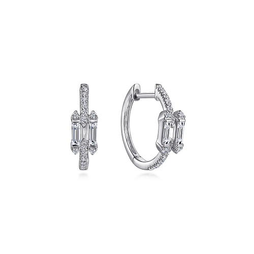 14K White Gold Prong Set and French Pavé 15mm Round Classic Diamond Hoop Earrings