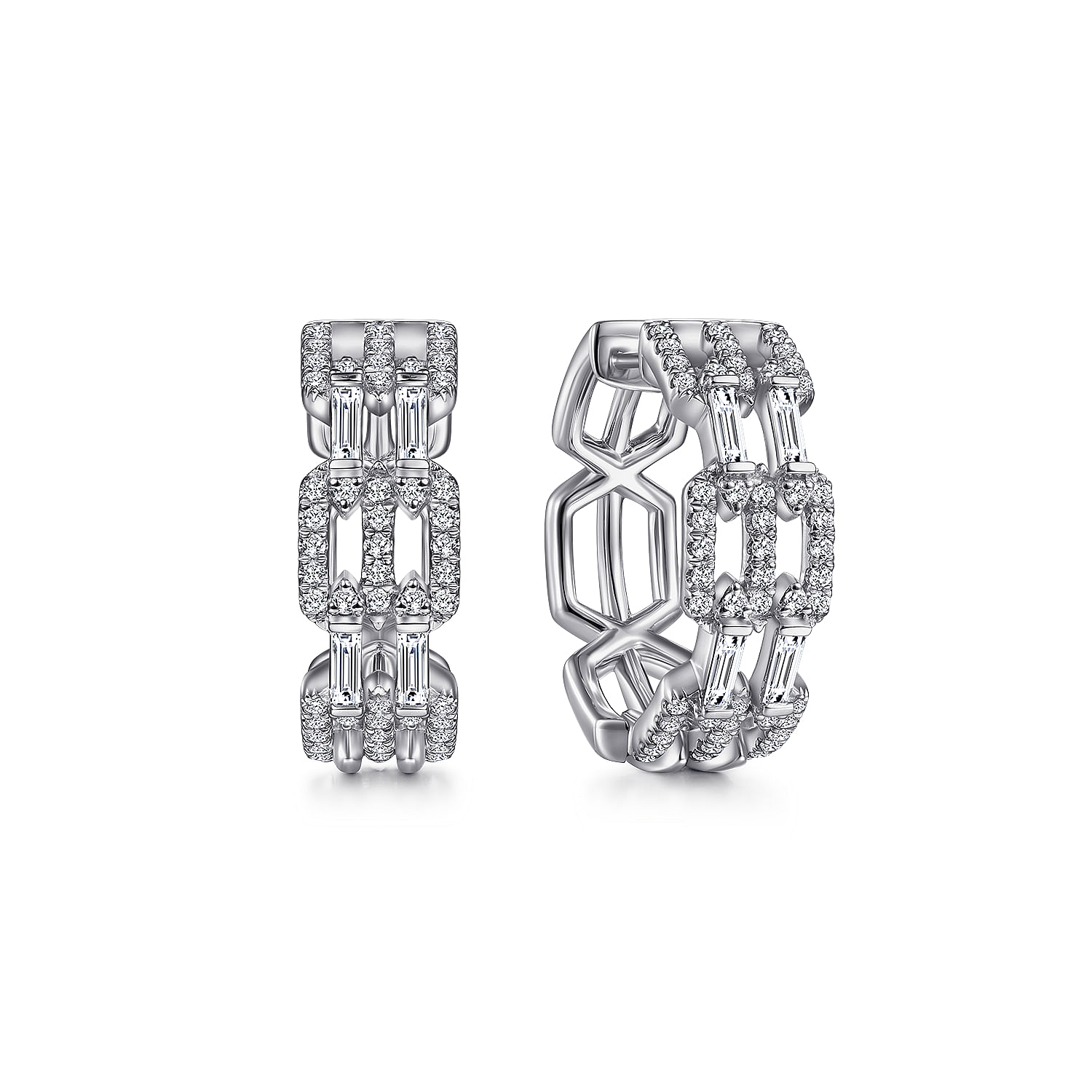 14K White Gold Prong Set and French Pavé 15mm Round Huggie Earrings