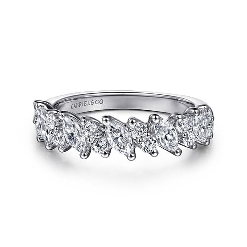 14K White Gold Prongs Marquise and Round Diamond Anniversary Band