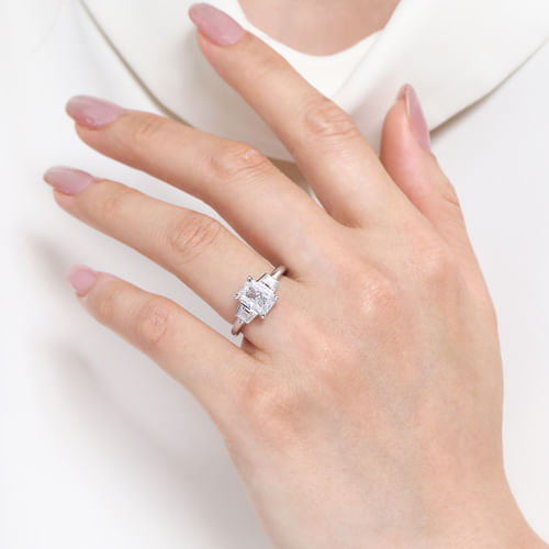 14K White Gold Radiant Cut Three Stone Diamond Engagement Ring