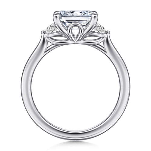 14K White Gold Radiant Cut Three Stone Lotus Diamond Engagement Ring
