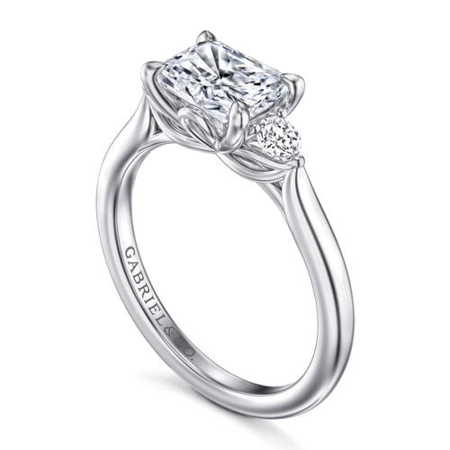 14K White Gold Radiant Cut Three Stone Lotus Diamond Engagement Ring