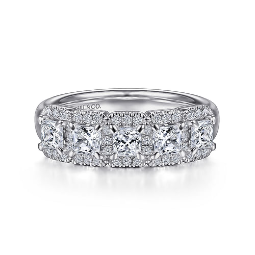 14K White Gold Radiant Cut and Round Diamond Halo Station Anniversary Band