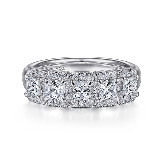 Gabriel - 14K White Gold Radiant Cut and Round Diamond Halo Station Anniversary Band