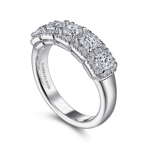 14K White Gold Radiant Cut and Round Diamond Halo Station Anniversary Band