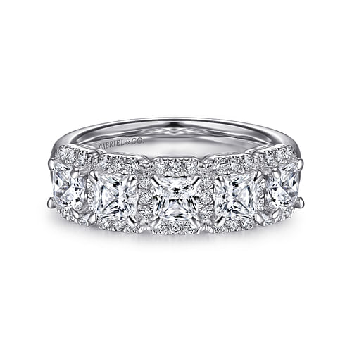 14K White Gold Radiant Cut and Round Diamond Halo Station Anniversary Band