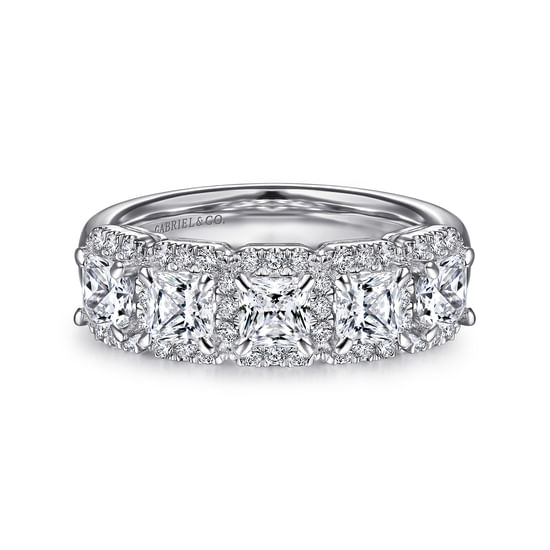 Gabriel - 14K White Gold Radiant Cut and Round Diamond Halo Station Anniversary Band