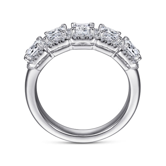 14K White Gold Radiant Cut and Round Diamond Halo Station Anniversary Band angle 2 14K White Gold Radiant Cut and Round Diamond Halo Station Anniversary Band angle 2