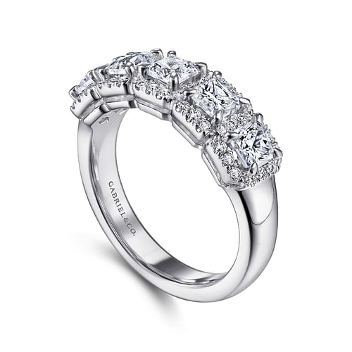 14K White Gold Radiant Cut and Round Diamond Halo Station Anniversary Band