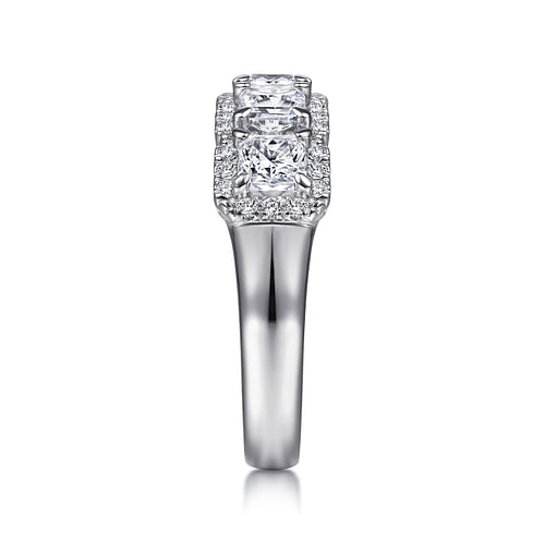 14K White Gold Radiant Cut and Round Diamond Halo Station Anniversary Band