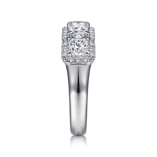 14K White Gold Radiant Cut and Round Diamond Halo Station Anniversary Band angle 4 14K White Gold Radiant Cut and Round Diamond Halo Station Anniversary Band angle 4