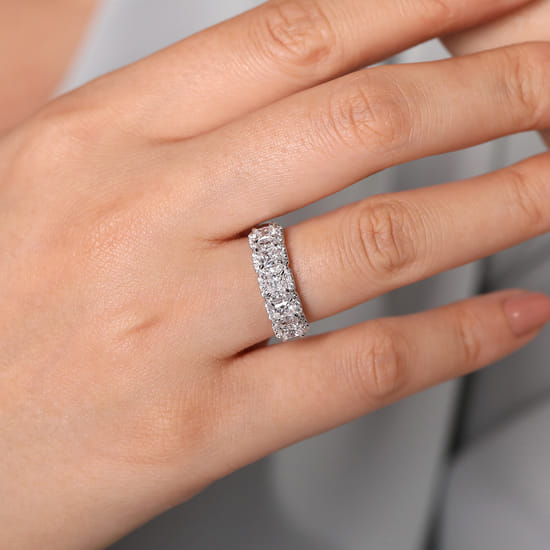 14K White Gold Radiant Cut and Round Diamond Halo Station Anniversary Band angle 5 14K White Gold Radiant Cut and Round Diamond Halo Station Anniversary Band angle 5