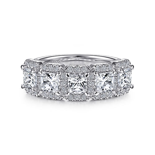 14K White Gold Radiant Cut and Round Diamond Halo Station Anniversary Band