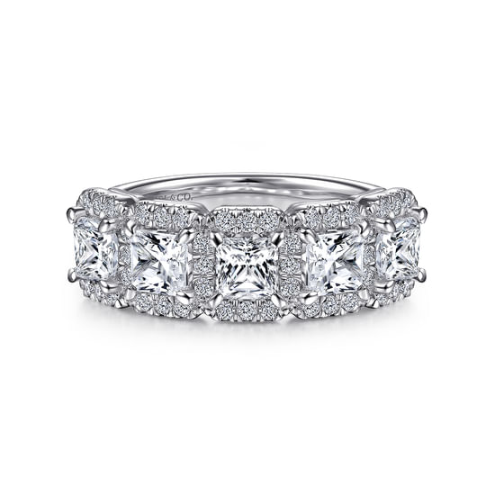 Gabriel - 14K White Gold Radiant Cut and Round Diamond Halo Station Anniversary Band