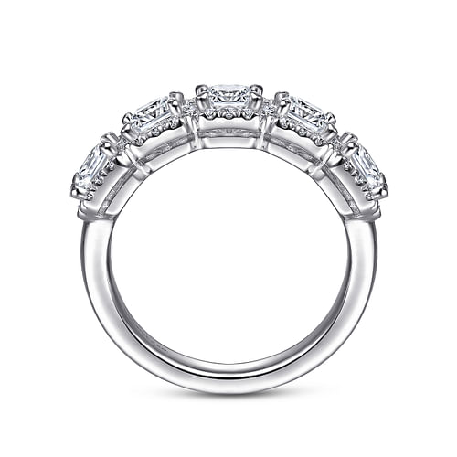 14K White Gold Radiant Cut and Round Diamond Halo Station Anniversary Band