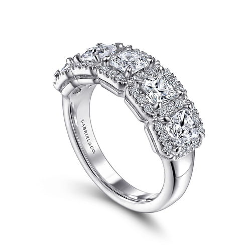 14K White Gold Radiant Cut and Round Diamond Halo Station Anniversary Band