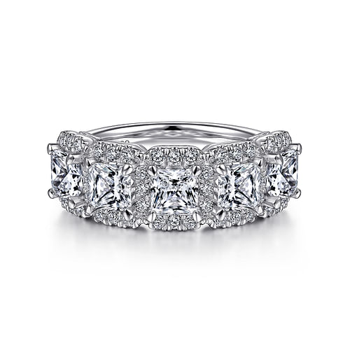 14K White Gold Radiant Cut and Round Diamond Halo Station Anniversary Band