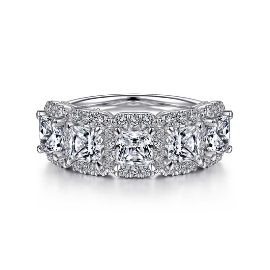 Gabriel - 14K White Gold Radiant Cut and Round Diamond Halo Station Anniversary Band