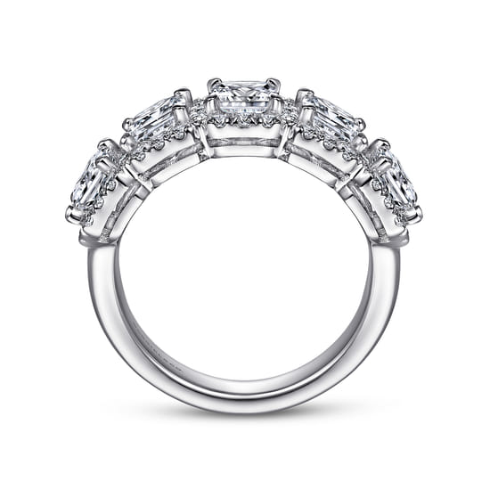 14K White Gold Radiant Cut and Round Diamond Halo Station Anniversary Band angle 2 14K White Gold Radiant Cut and Round Diamond Halo Station Anniversary Band angle 2
