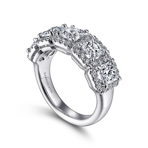 14K White Gold Radiant Cut and Round Diamond Halo Station Anniversary Band