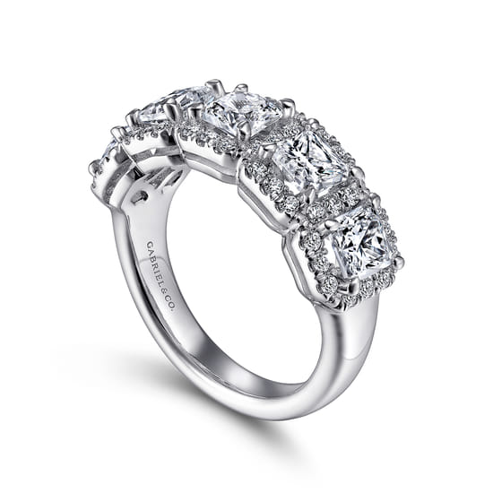 14K White Gold Radiant Cut and Round Diamond Halo Station Anniversary Band angle 3 14K White Gold Radiant Cut and Round Diamond Halo Station Anniversary Band angle 3