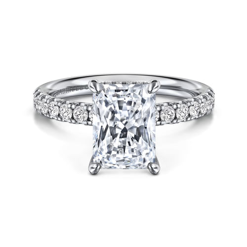 14K White Gold Radiant Hidden Halo Diamond and Engagement Ring