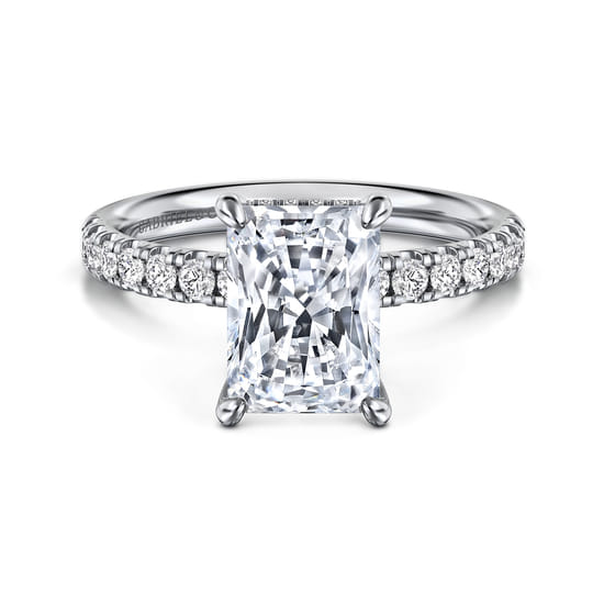 14K White Gold Radiant Hidden Halo Diamond and Engagement Ring