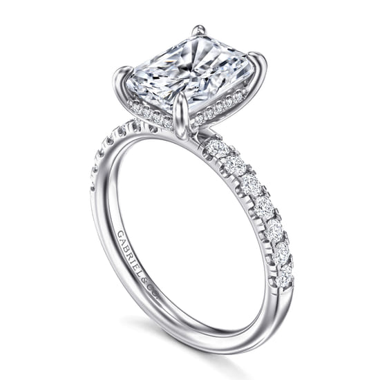 14K White Gold Radiant Hidden Halo Diamond and Engagement Ring angle 3