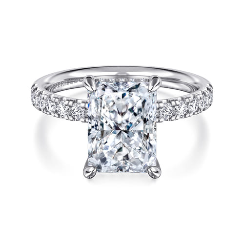 14K White Gold Radiant Hidden Halo Diamond and Engagement Ring