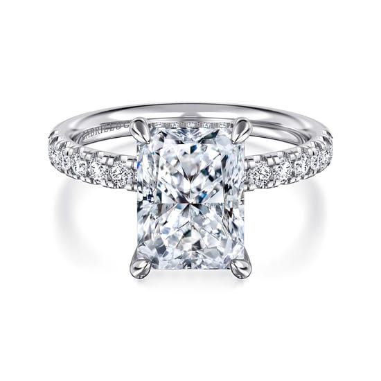 14K White Gold Radiant Hidden Halo Diamond and Engagement Ring