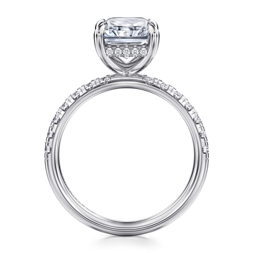 14K White Gold Radiant Hidden Halo Diamond and Engagement Ring