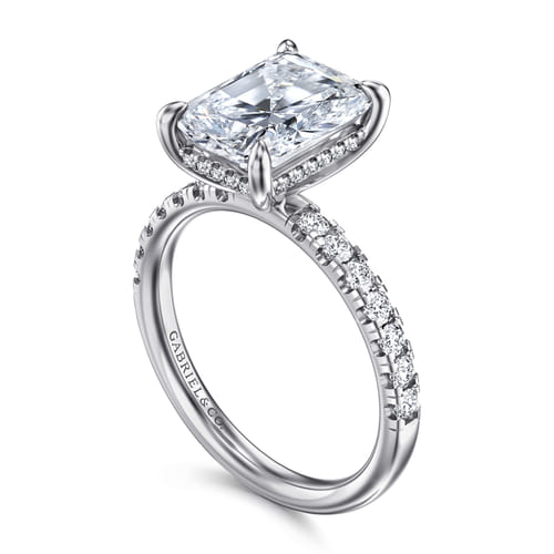 14K White Gold Radiant Hidden Halo Diamond and Engagement Ring