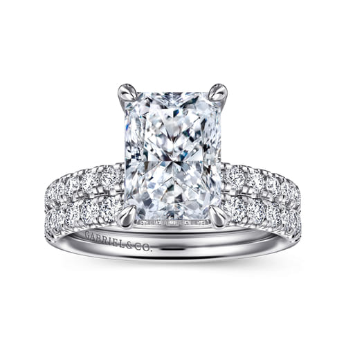 14K White Gold Radiant Hidden Halo Diamond and Engagement Ring