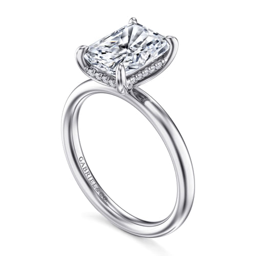 14K White Gold Radiant Hidden Halo Diamond and Engagement Ring