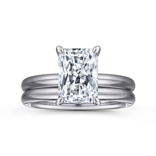 14K White Gold Radiant Hidden Halo Diamond and Engagement Ring
