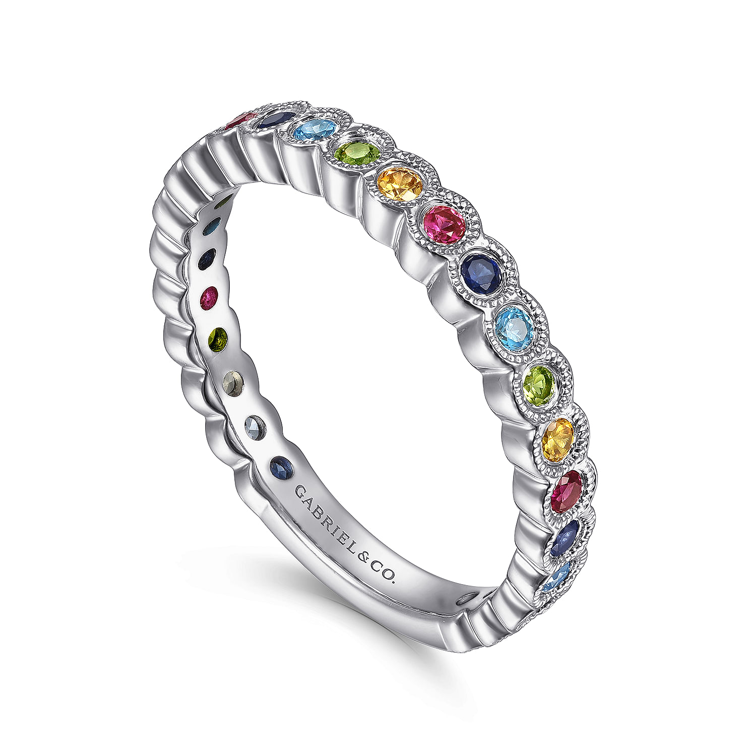 14K White Gold Rainbow Color Stone Bezel Ring