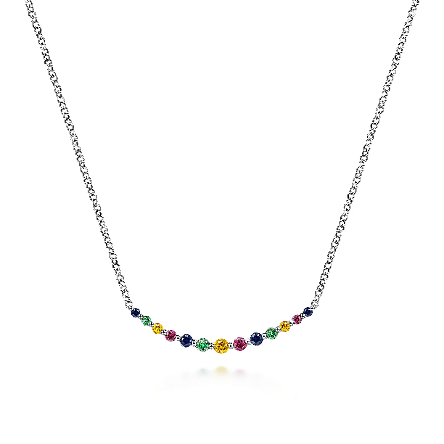 14K White Gold Rainbow Color Stone Curved Bar Necklace