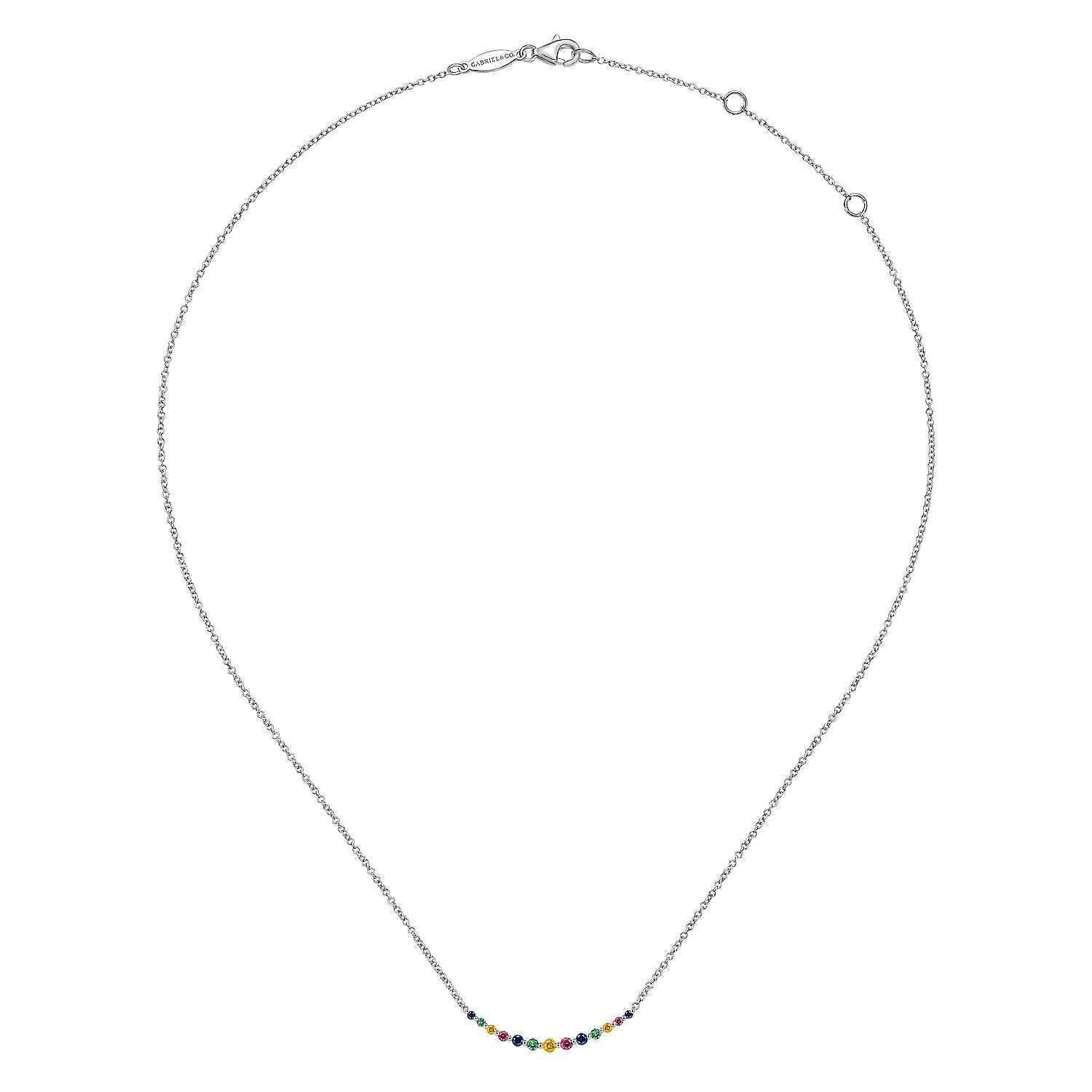 14K White Gold Rainbow Color Stone Curved Bar Necklace