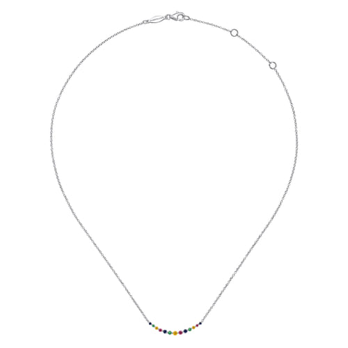 14K White Gold Rainbow Color Stone Curved Bar Necklace 14K White Gold Rainbow Color Stone Curved Bar Necklace