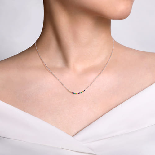 14K White Gold Rainbow Color Stone Curved Bar Necklace 14K White Gold Rainbow Color Stone Curved Bar Necklace