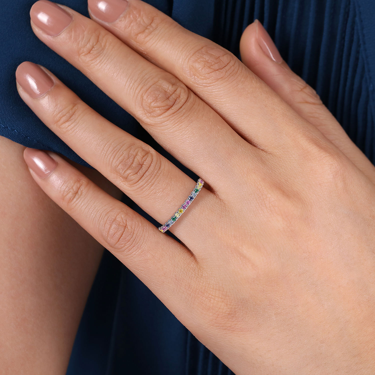 14K White Gold Rainbow Color Stone Stackable Ring