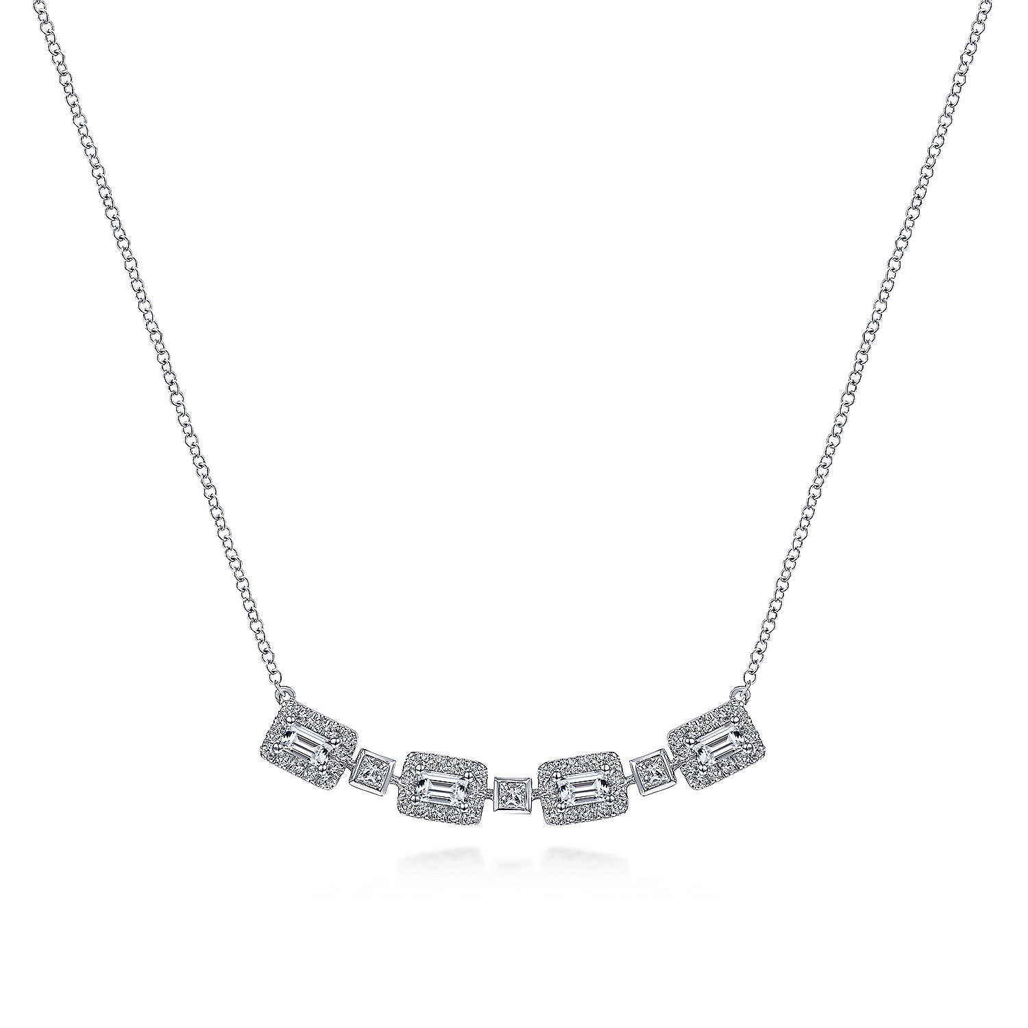14K White Gold Rectangular Baguette and Diamond Halo Station Necklace