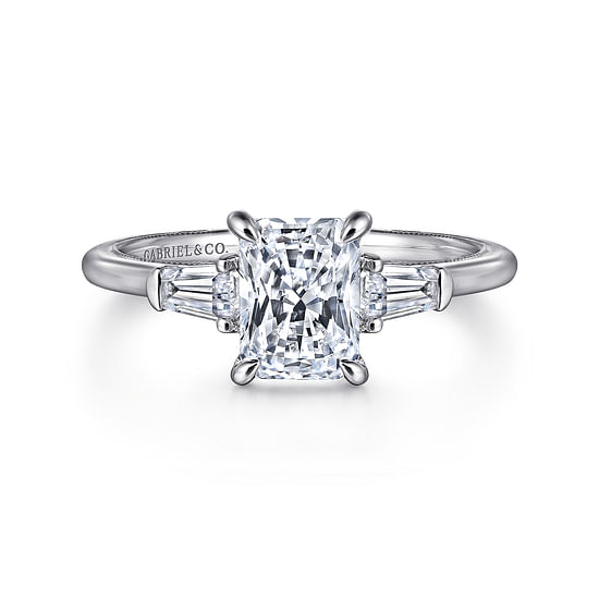 Gabriel - 14K White Gold Rectangular Radiant Cut Three Stone Diamond Engagement Ring