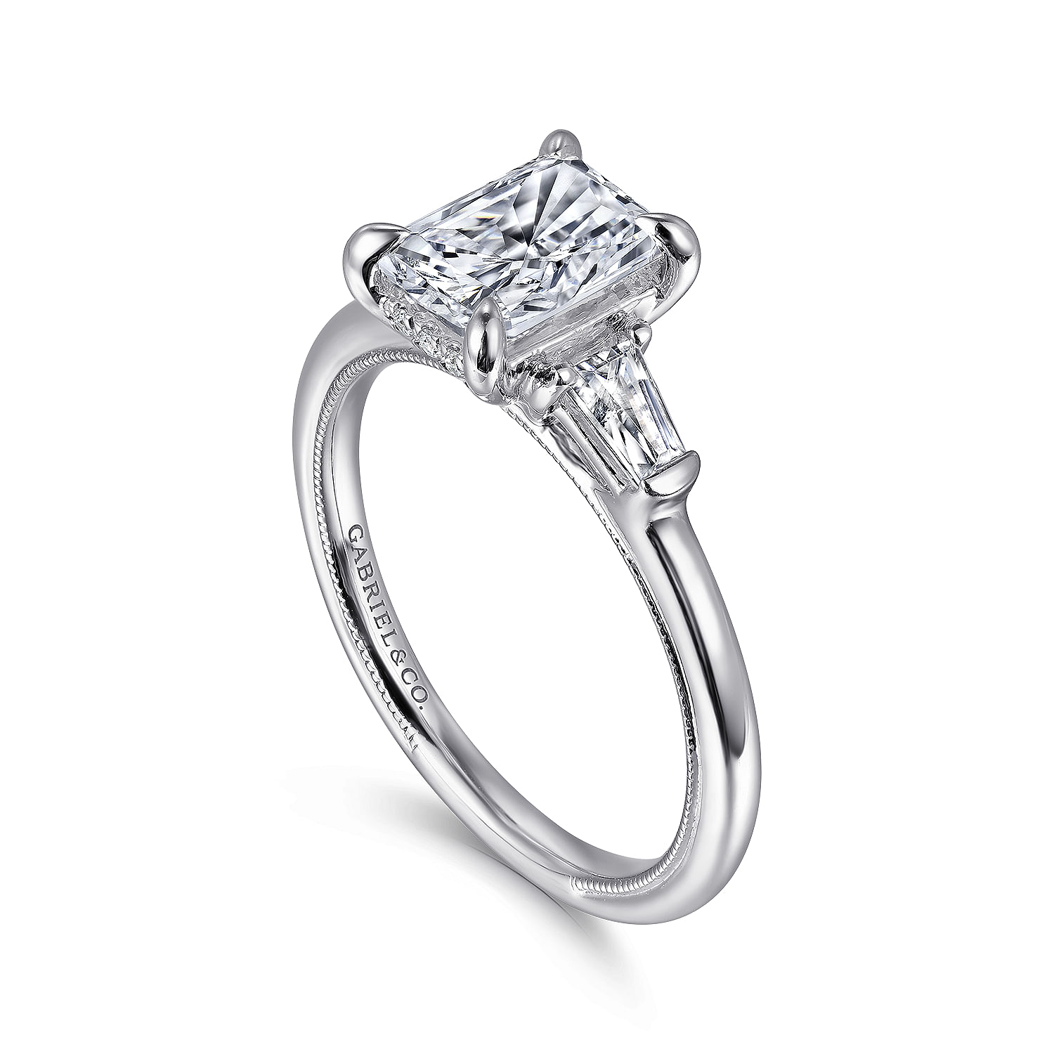 14K White Gold Rectangular Radiant Cut Three Stone Diamond Engagement Ring