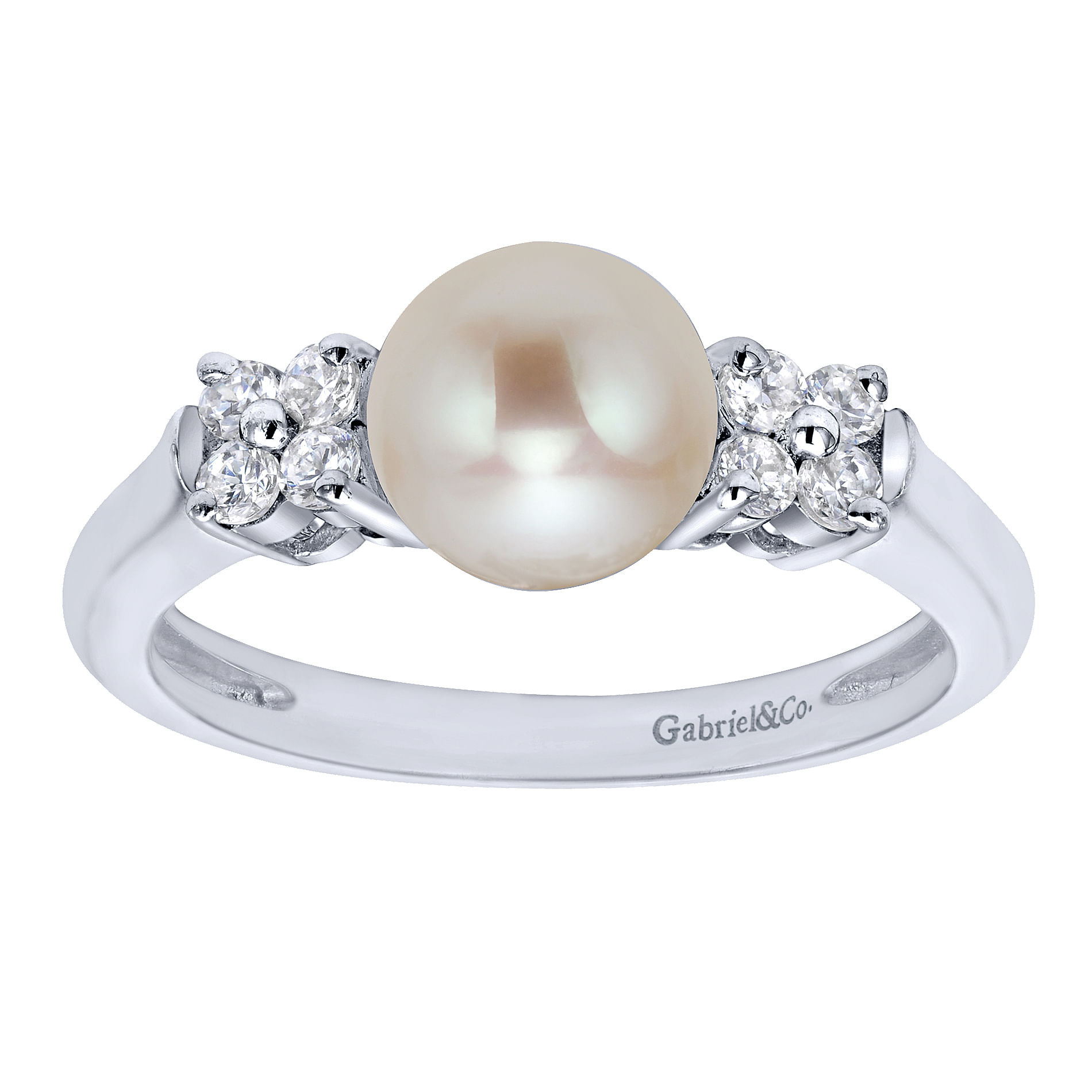 14K White Gold Ring with Pearl Center with Cluster Diamond Sides 